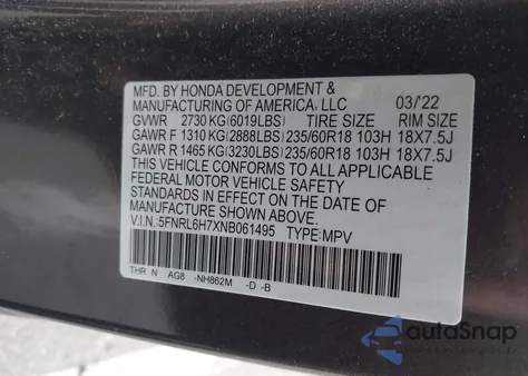 2022 Honda Odyssey Ex-L из США, поврежденный, VIN 5FNRL6H7XNB061495